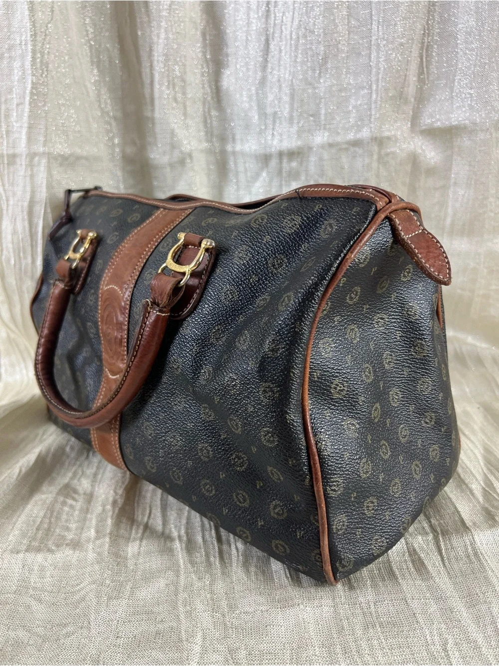 Vintage Pollini Italy Monogram Bowler Satchel Bag Brown Leather Trim Purse